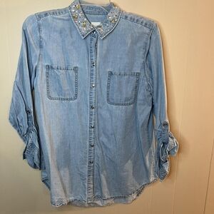 Chico's BLACK LABEL Chambray Shirt Denim Bedazzled Bejeweled Collar Button Down